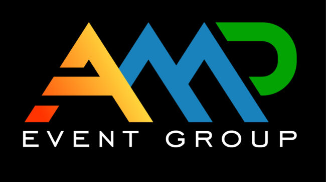 AMP Event Group logo with gradient letters A-M-P on a black background and 'EVENT GROUP' text beneath