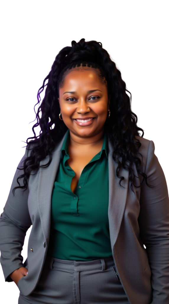 Smiling woman in a green blouse and gray blazer, posing for a professional portrait (waist up).