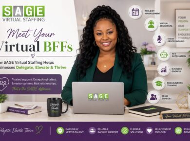Smiling woman sits at a desk in front of a Sage Virtual Staffing banner, laptop in view, promoting virtual assistants and services.