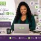 Smiling woman sits at a desk in front of a Sage Virtual Staffing banner, laptop in view, promoting virtual assistants and services.