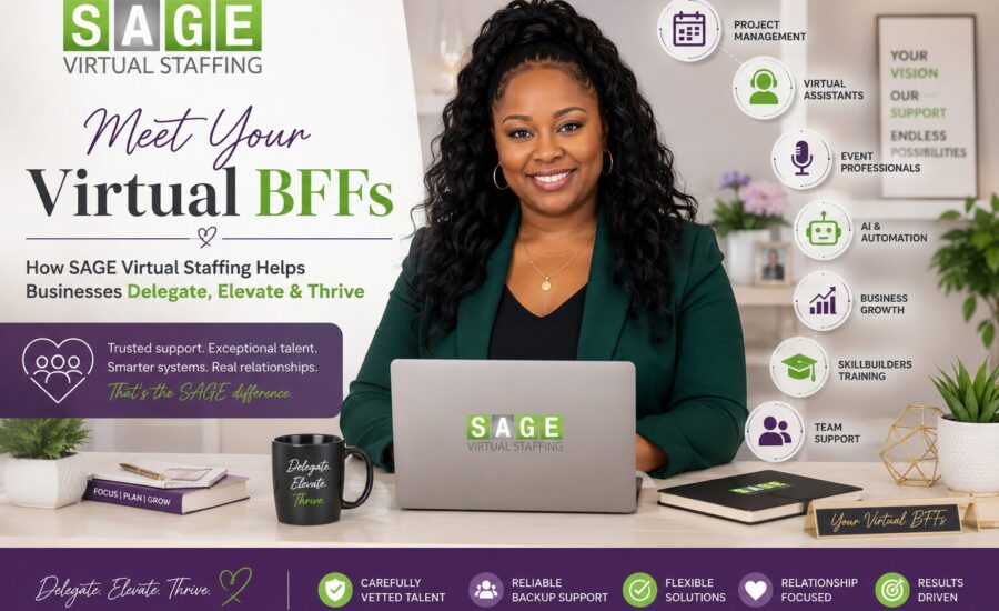 Smiling woman sits at a desk in front of a Sage Virtual Staffing banner, laptop in view, promoting virtual assistants and services.
