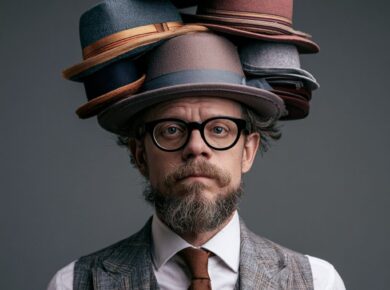 Man with a stack of colorful hats balanced on his head, wearing glasses and a gray plaid vest with a brown tie.
