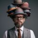 Man with a stack of colorful hats balanced on his head, wearing glasses and a gray plaid vest with a brown tie.