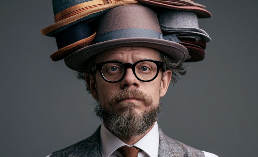 Man with a stack of colorful hats balanced on his head, wearing glasses and a gray plaid vest with a brown tie.
